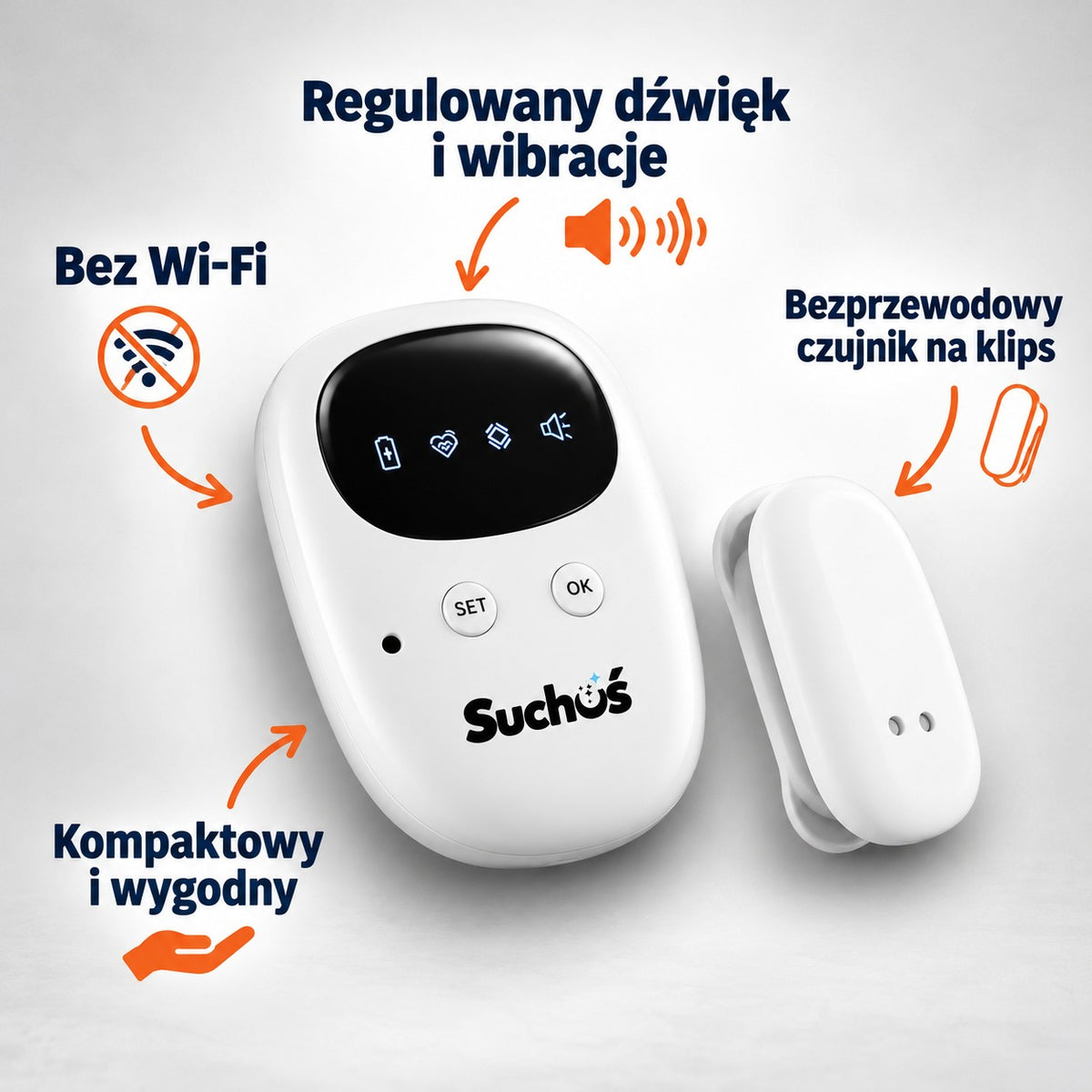 Funkcje Suchuś PRO: regulowany dźwięk i wibracje, bez Wi-Fi, czujnik na klips
