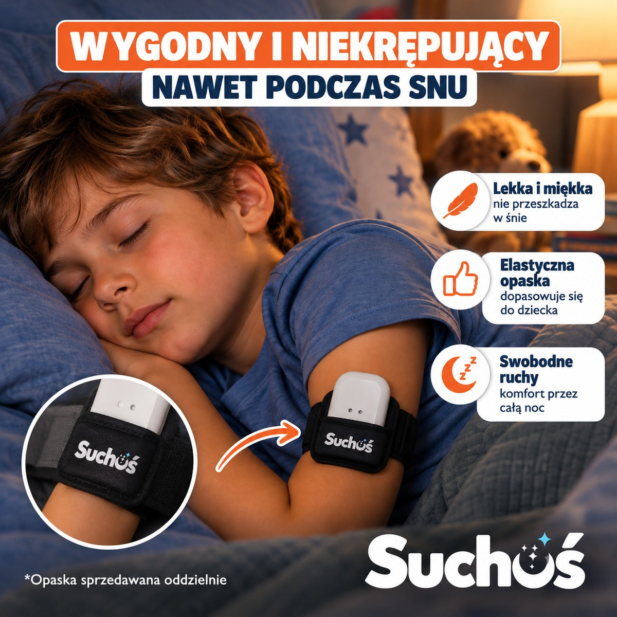 Suchuś PRO w opasce na ramieniu – wygodny podczas snu